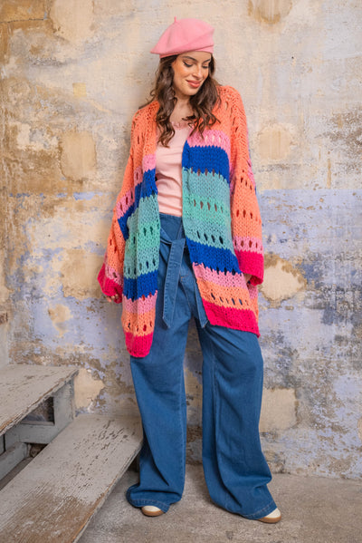 Gilet en maille ajourée Zoé - Rose Bleu Corrail / Taille