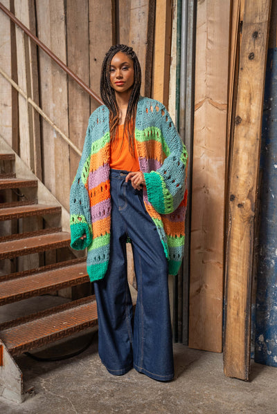 Gilet en maille ajourée Zoé - Vert Orange Rose / Taille